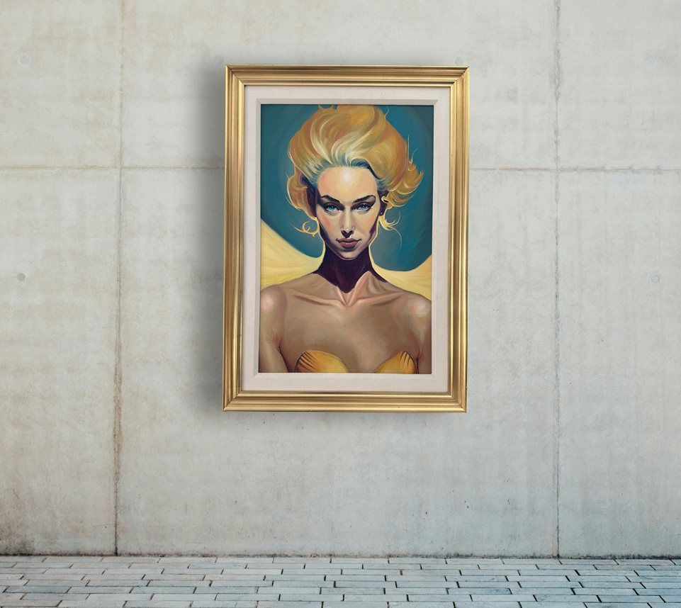 A painting hanging on a concrete gallery wall