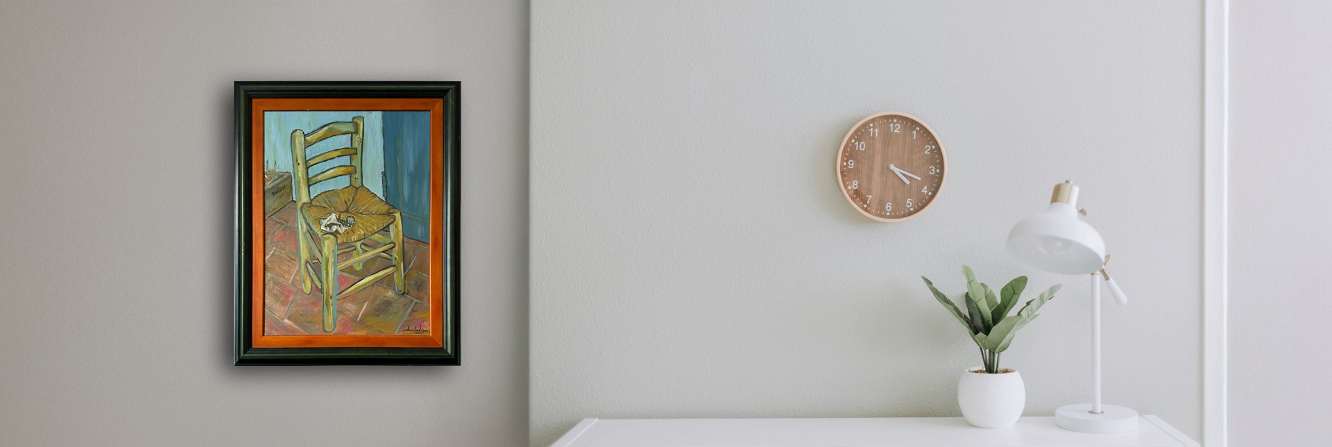 A painting hanging in the studio above a shelf